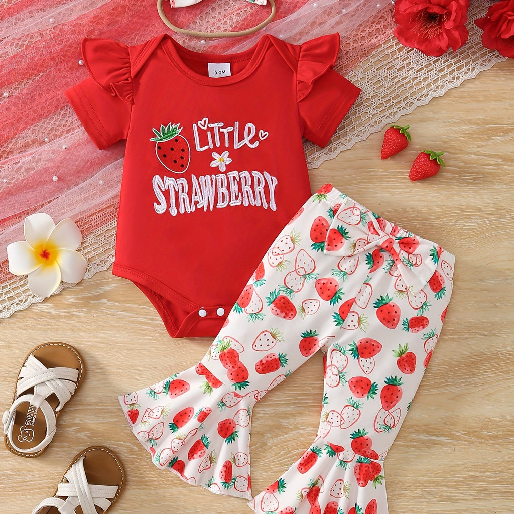 3pcs Baby Girl Summer Short Sleeved Strawberry Letter Jumpsuit&bow Full Print Trumpet Pants&headband Cute Three Piece Baby Girl, Perfect for Outdoor