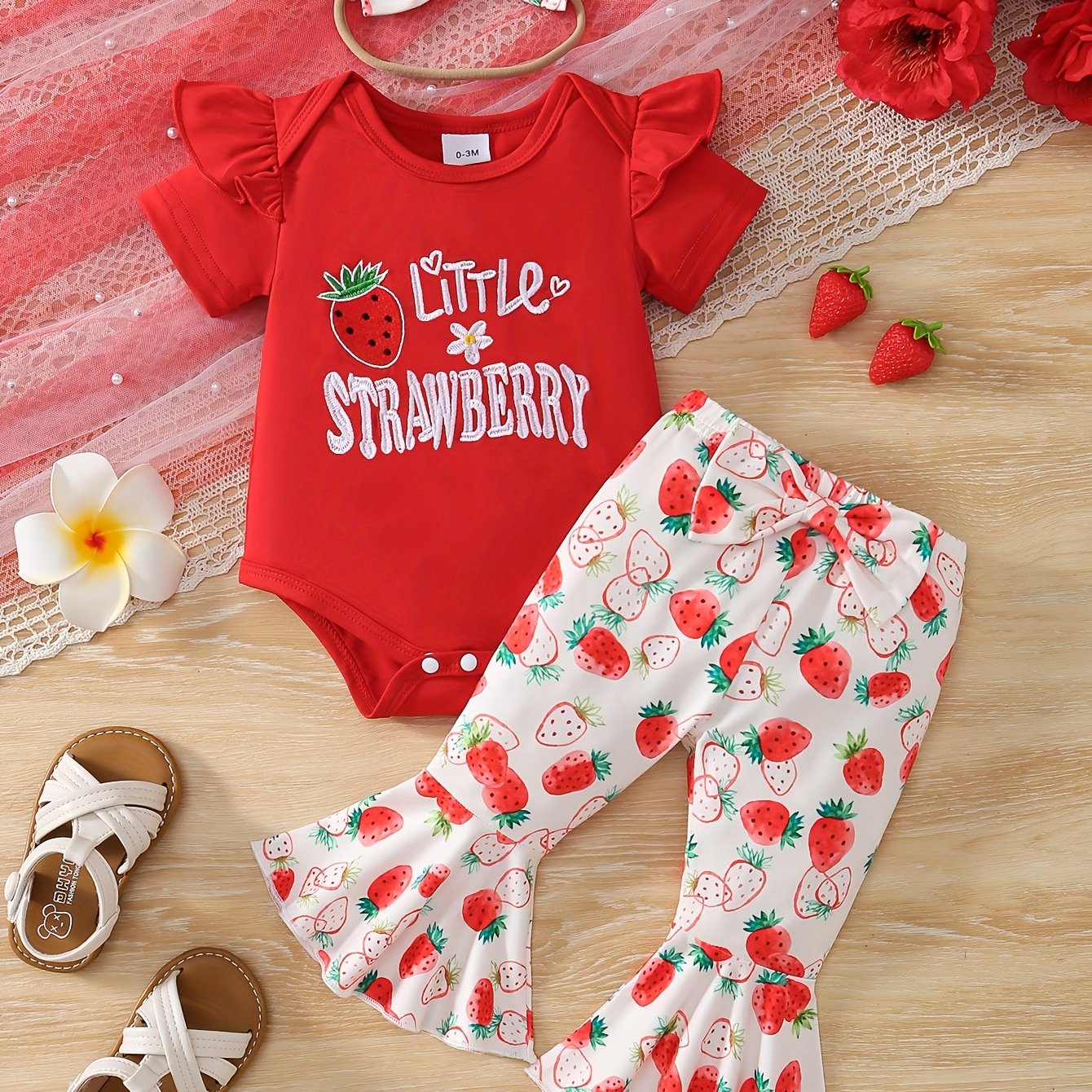 3pcs Baby Girl Summer Short Sleeved Strawberry Letter Jumpsuit&bow Full Print Trumpet Pants&headband Cute Three Piece Baby Girl, Perfect for Outdoor