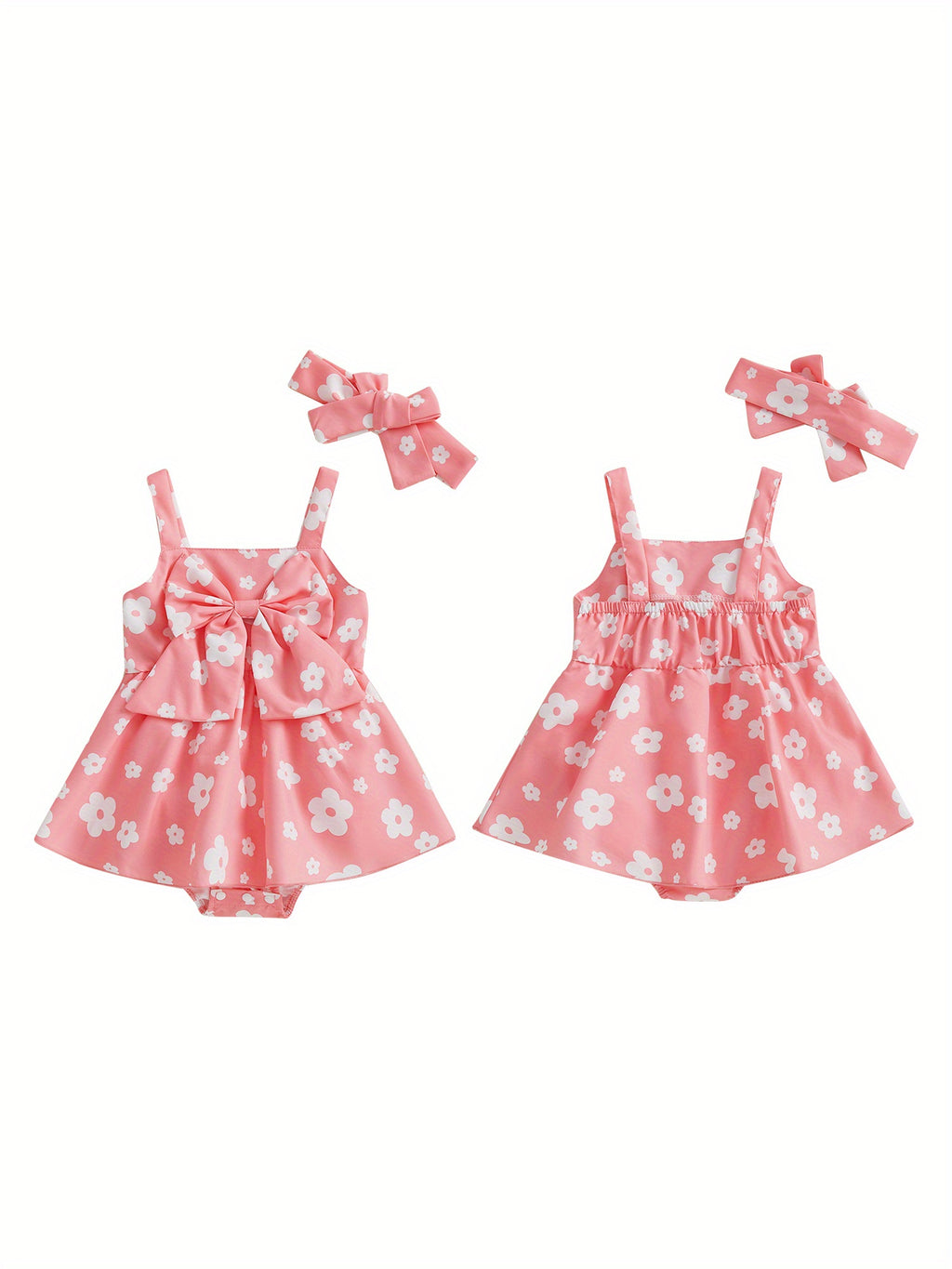 Baby Girl Summer Outfits Sleeveless Square Neck Bow Front Romper with Headband Set Newborn Clothes