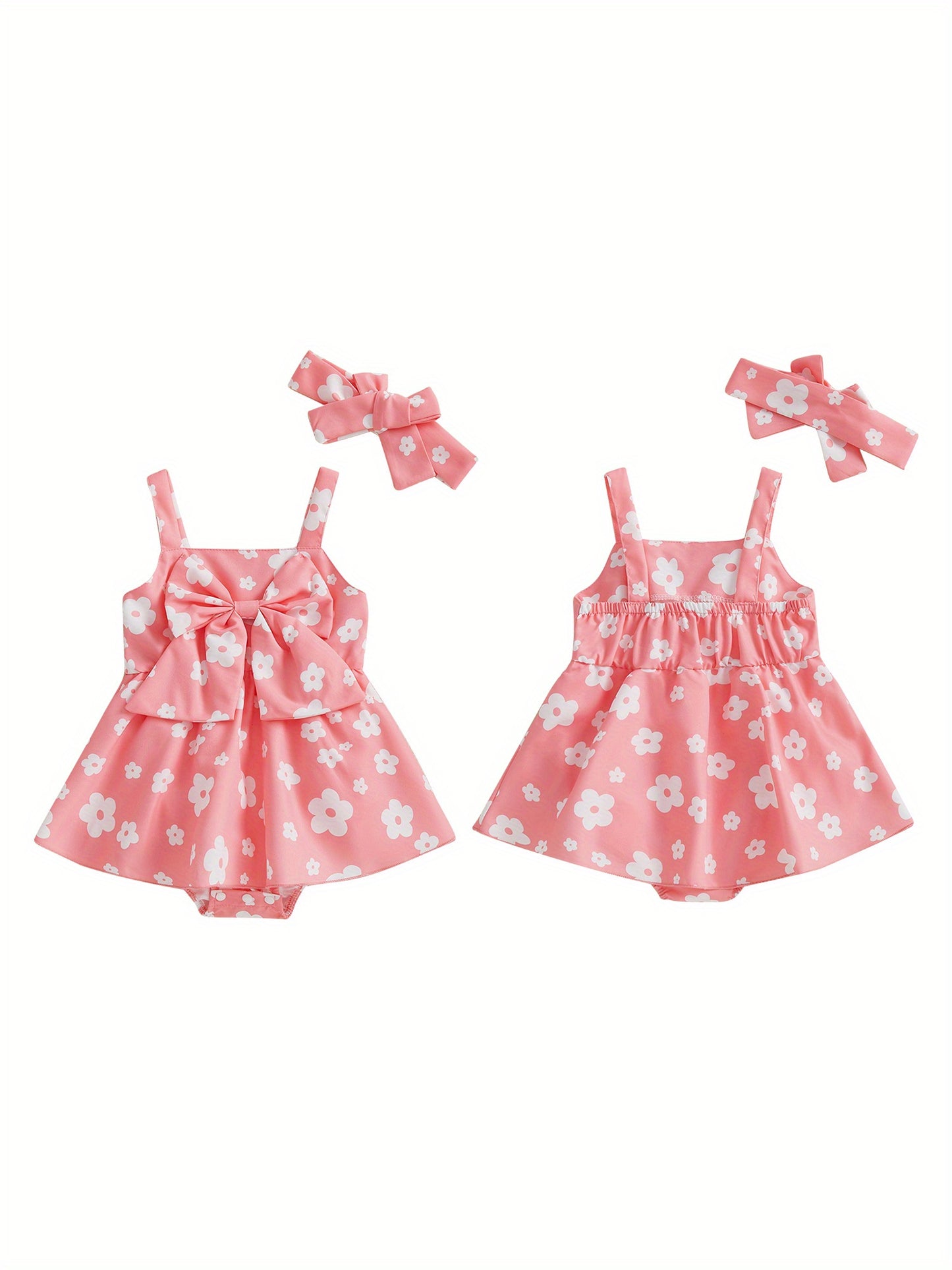 Baby Girl Summer Outfits Sleeveless Square Neck Bow Front Romper with Headband Set Newborn Clothes