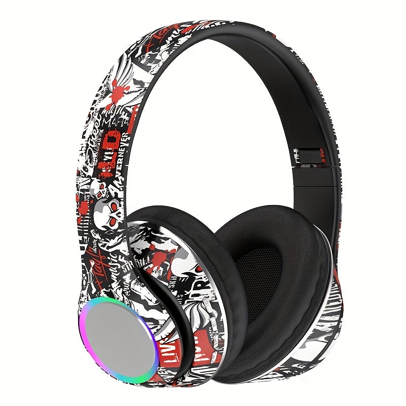 [Graffiti Design Condenser Microphone Headphones] Wireless On-Ear Headphones with Sound Isolation, Graffiti Design, Push Button Volume Control, Tangle-Free Cable, Condenser Microphone, 200mAh Rechargeable Battery, Type-C Char