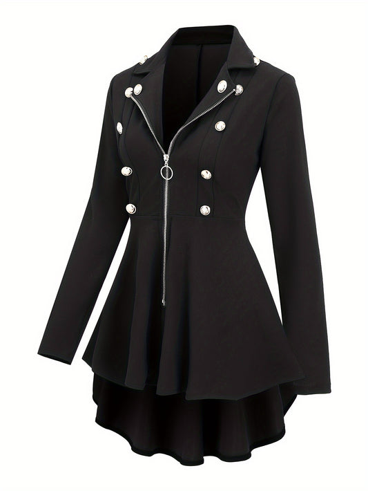 [Vintage-Inspired Chic Blazer] Chic Black Double-Breasted Blazer - Elegant Women's Vintage-Inspired Jacket - Polyester, Machine Washable, Zip-Up Front, Flared Sleeves, Decorative Buttons - Ideal for Office & Casual Wear