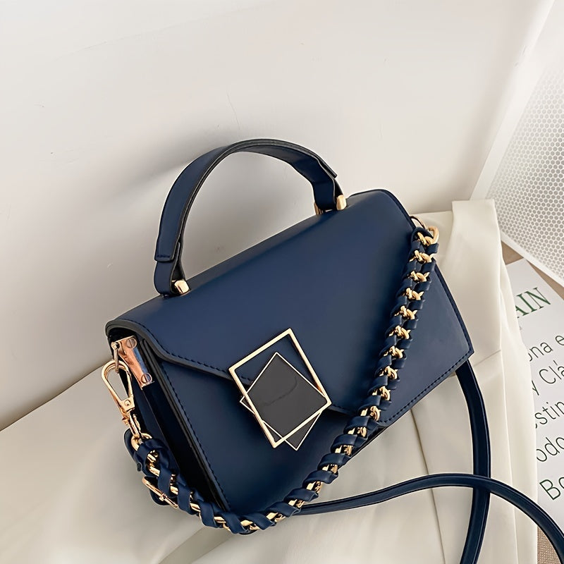 Fashion Square Handbag For Women, Faux Pearl Chain Decor Crossbody Bag, Metal Decor Flap Purse With Top Handle