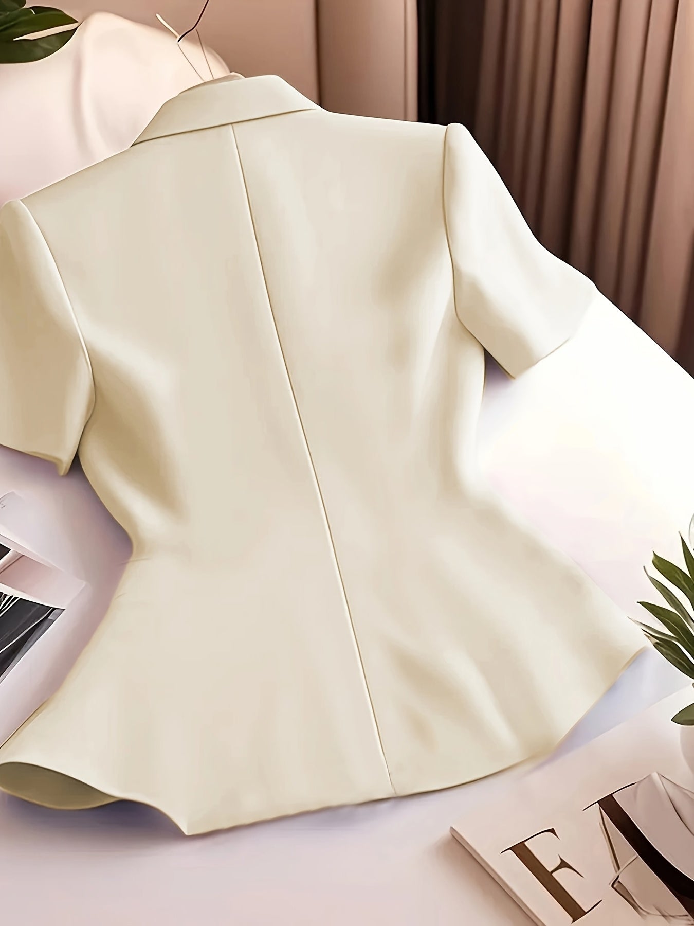 Elegant Women's Slimming Pink Blazer - Chic Short Sleeve, Button Front Jacket with Ruffled Hem, Polyester, Non-Sheer - Perfect for Office & Casual Wear