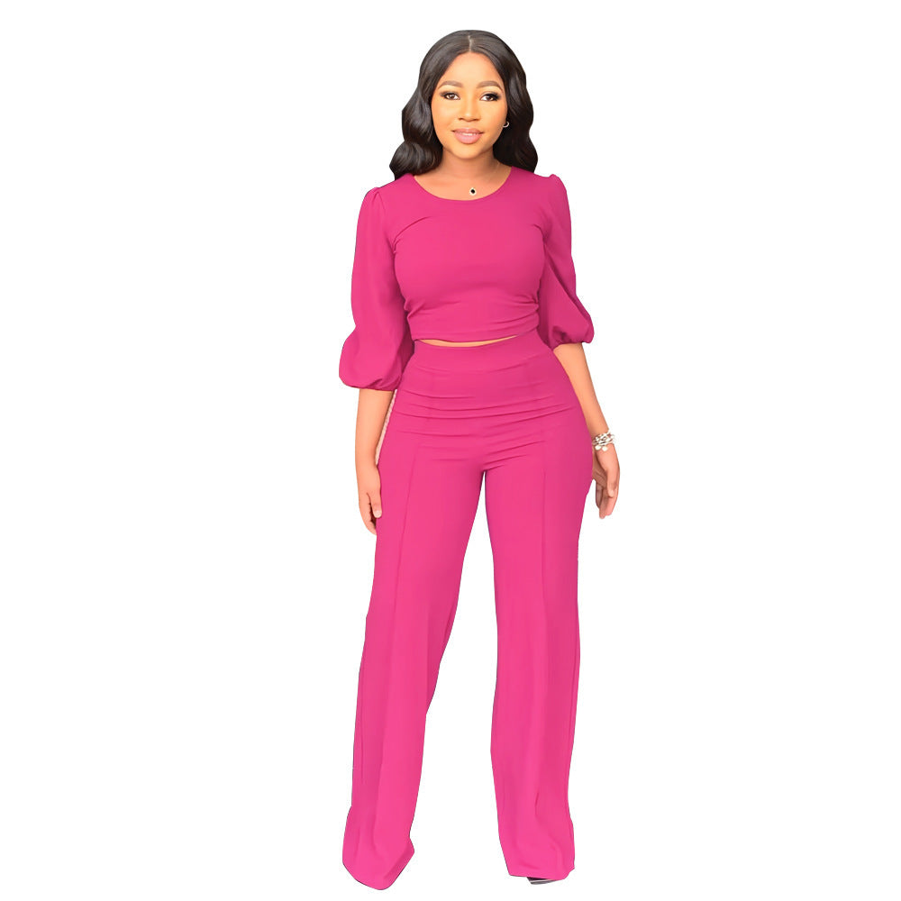 Women's Solid Color Slim Elastic Pleated Two-Piece Suit Sexy  Pants Suit