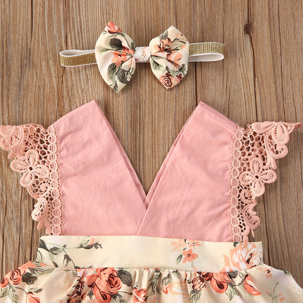 Girl Princess Clothes Baby Rompek Sleeveless  Jumpsuit Newborn Headband Kid Outfits Summer Clothingr Girls Floral Lace V Nec