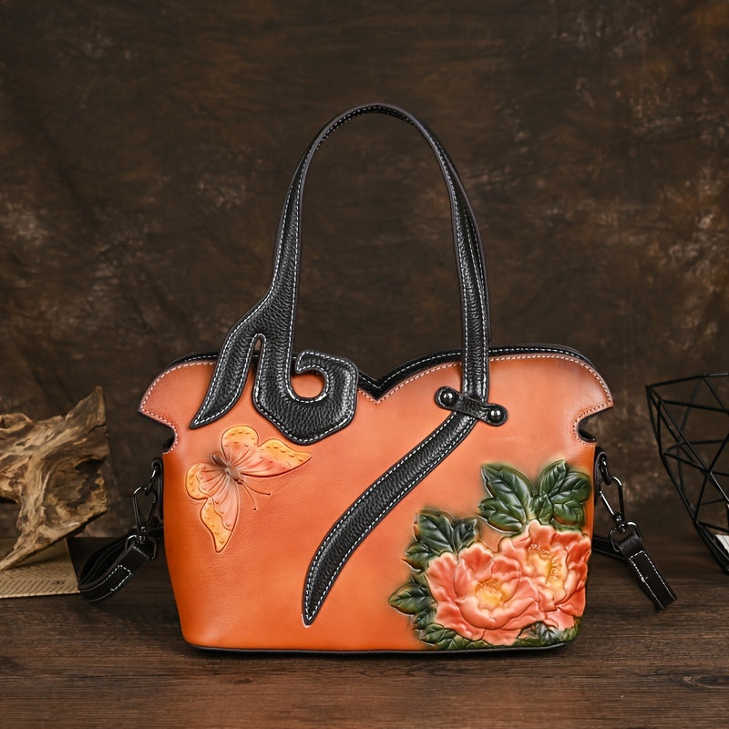 Genuine Genuine Leather Women's Crossbody Bag with Floral Embossed Design - Ethnic Style Coffee & Yellow Handbags, Zipper Closure & Polyester Lining for Casual or Formal Use