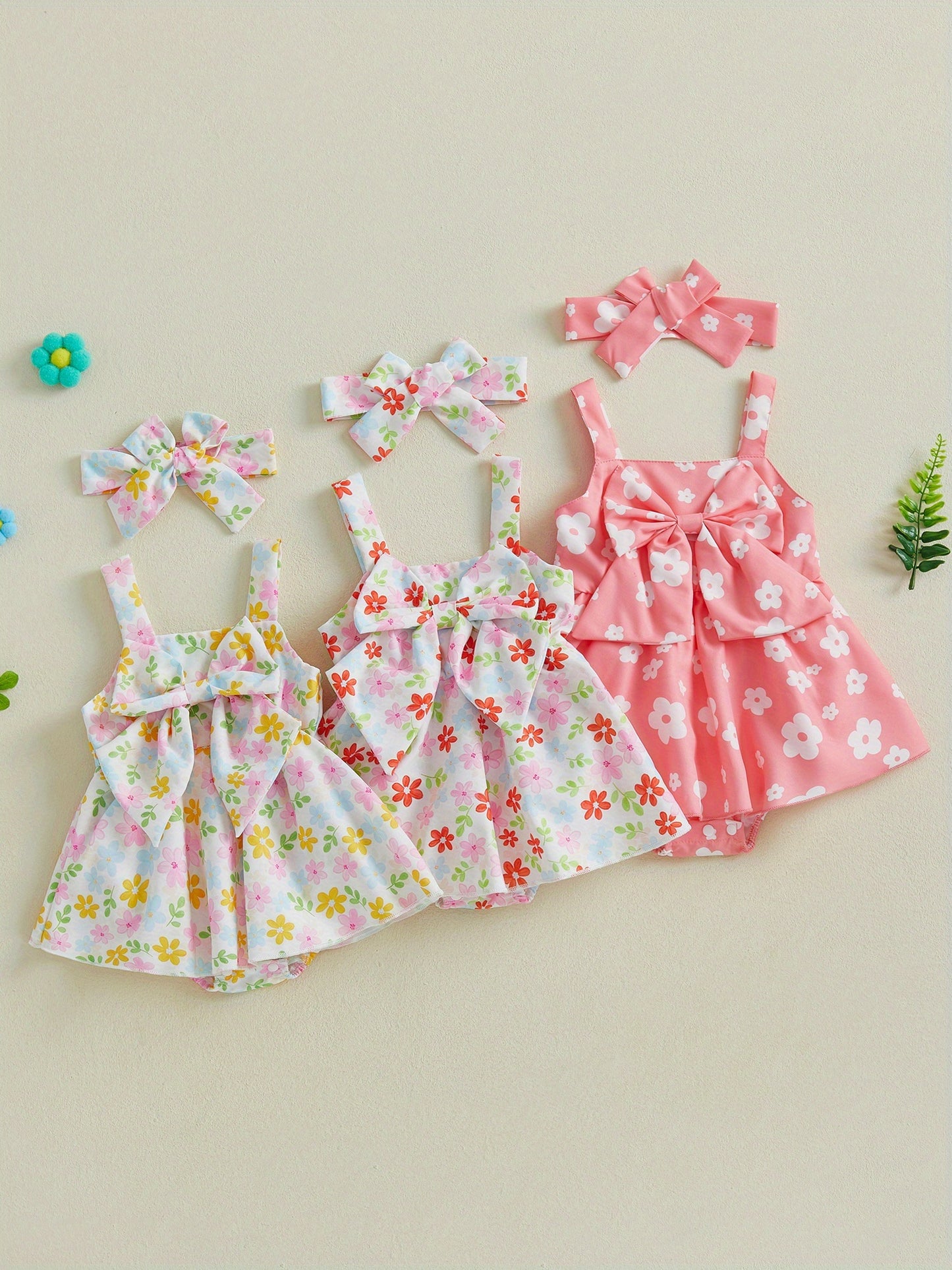 Baby Girl Summer Outfits Sleeveless Square Neck Bow Front Romper with Headband Set Newborn Clothes