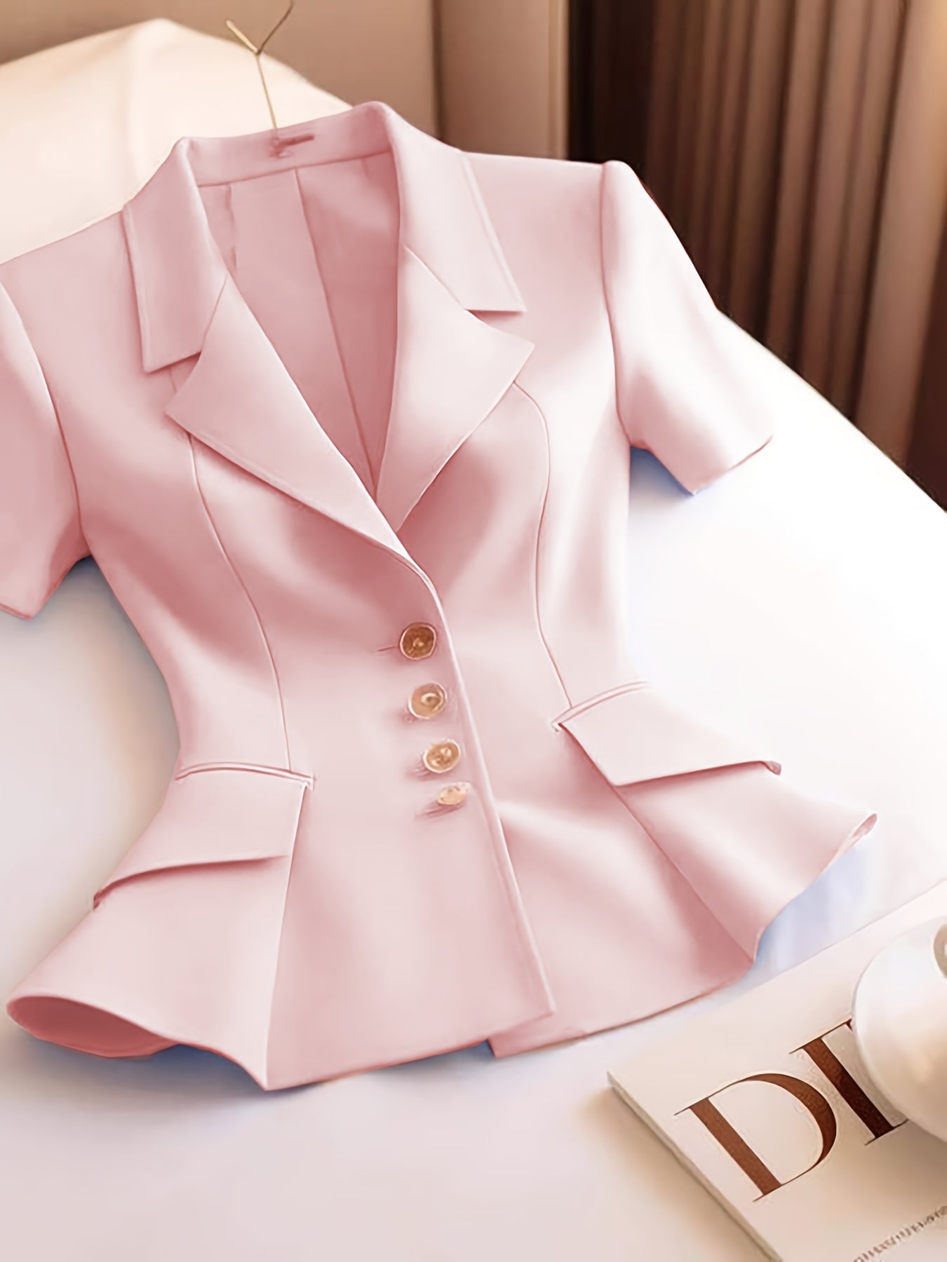 Elegant Women's Slimming Pink Blazer - Chic Short Sleeve, Button Front Jacket with Ruffled Hem, Polyester, Non-Sheer - Perfect for Office & Casual Wear