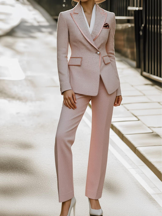 Fashionable Vintage Women'S Spring Pink Tweed Suit Set Featuring a Shawl Collar Jacket And Tapered Trousers with Contrasting Trim, Suitable for Retro Parties, Art Exhibitions, And Creative Work Environments. High-Quality Tren