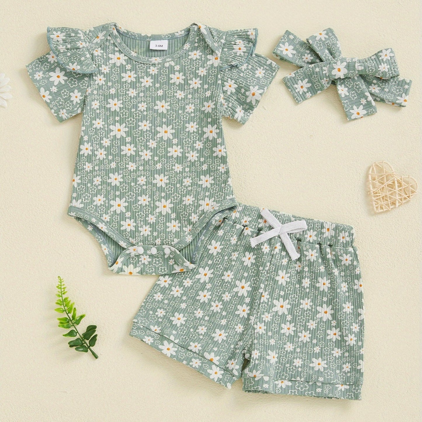 Baby Girl Summer Outfits Floral Print Crew Neck Short Sleeve Romper Shorts Headband 3pcs Clothes Set