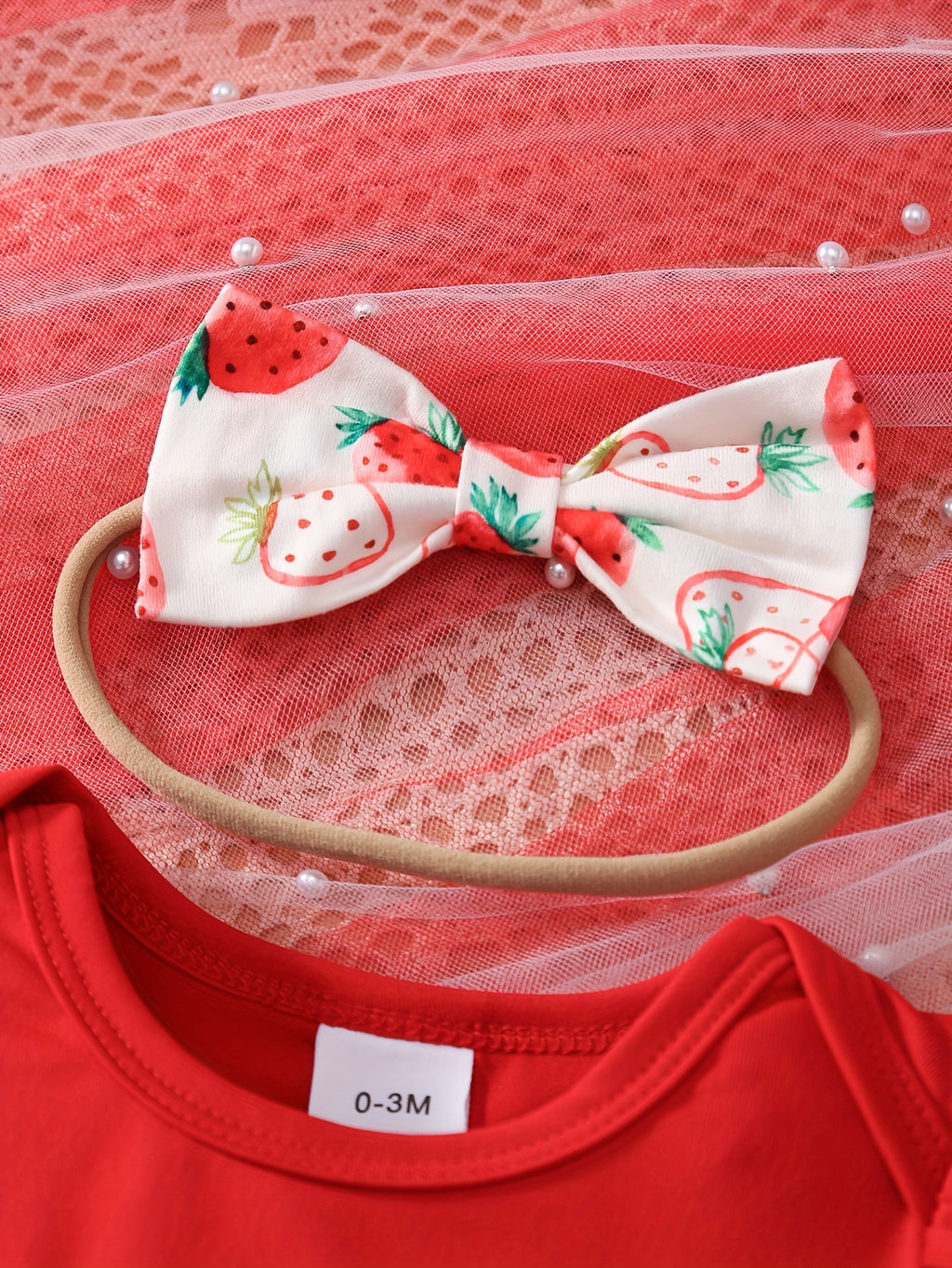 3pcs Baby Girl Summer Short Sleeved Strawberry Letter Jumpsuit&bow Full Print Trumpet Pants&headband Cute Three Piece Baby Girl, Perfect for Outdoor