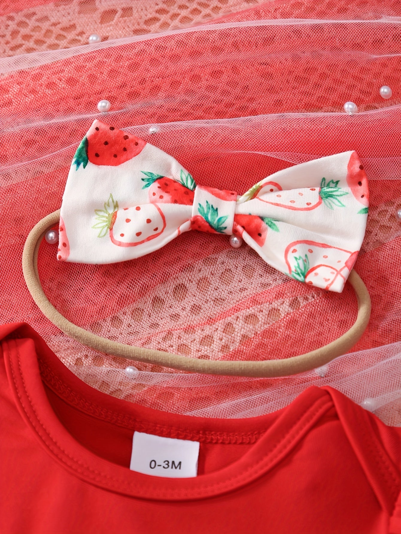 3pcs Baby Girl Summer Short Sleeved Strawberry Letter Jumpsuit&bow Full Print Trumpet Pants&headband Cute Three Piece Baby Girl, Perfect for Outdoor