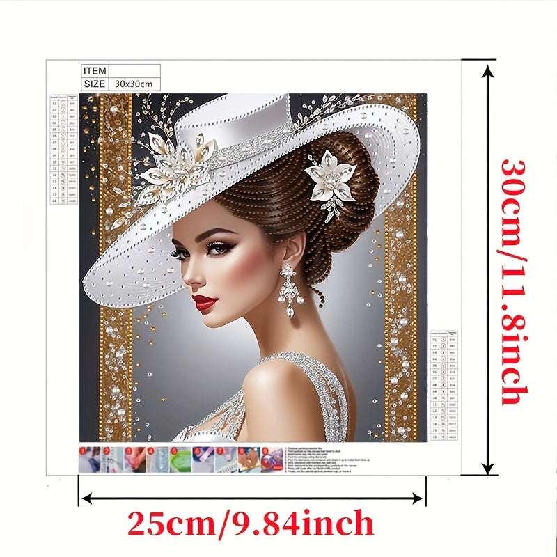 Elegant white sunshade hat Women's pattern diamond painting set, partially decorated with special shape crystal rhinestone home wall decoration DIY technology, (no border)