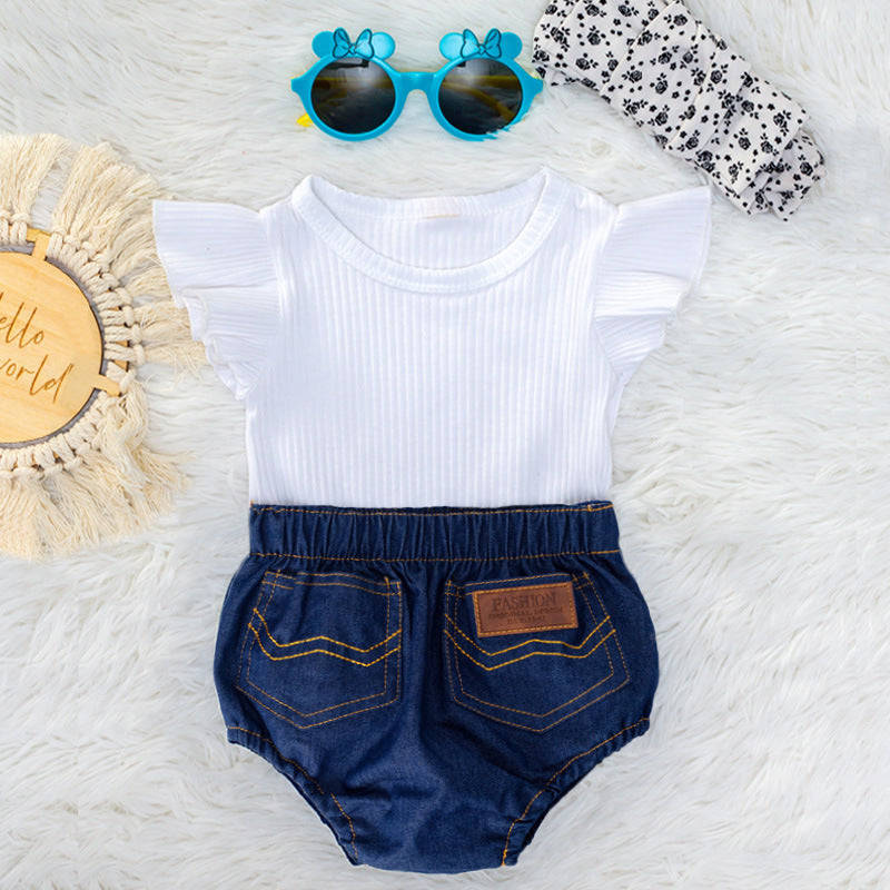 Western Style Solid Color Children's Clothing Baby Girl European And American Short Sleeve Triangle Suit