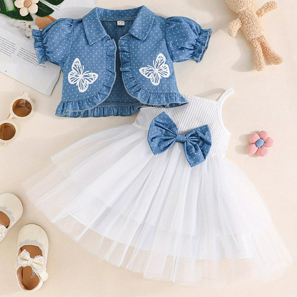 Youngsters Girl Summer Outfits Tulle Spaghetti Strap Bow A Line Dress with Dot Butterfly Print Short Puff Sleeve Cardigan, Perfect for Outdoor