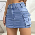 Multi-pocket Denim Cargo Skirts, Single Button Sexy Mid-stretch Denim Skirts, Women's Denim Clothing