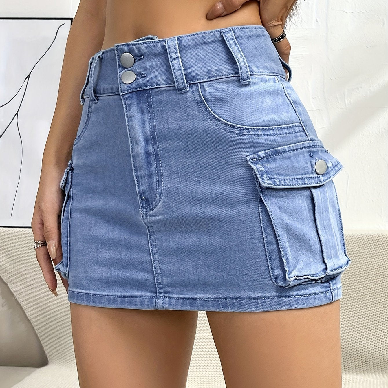 Multi-pocket Denim Cargo Skirts, Single Button Sexy Mid-stretch Denim Skirts, Women's Denim Clothing