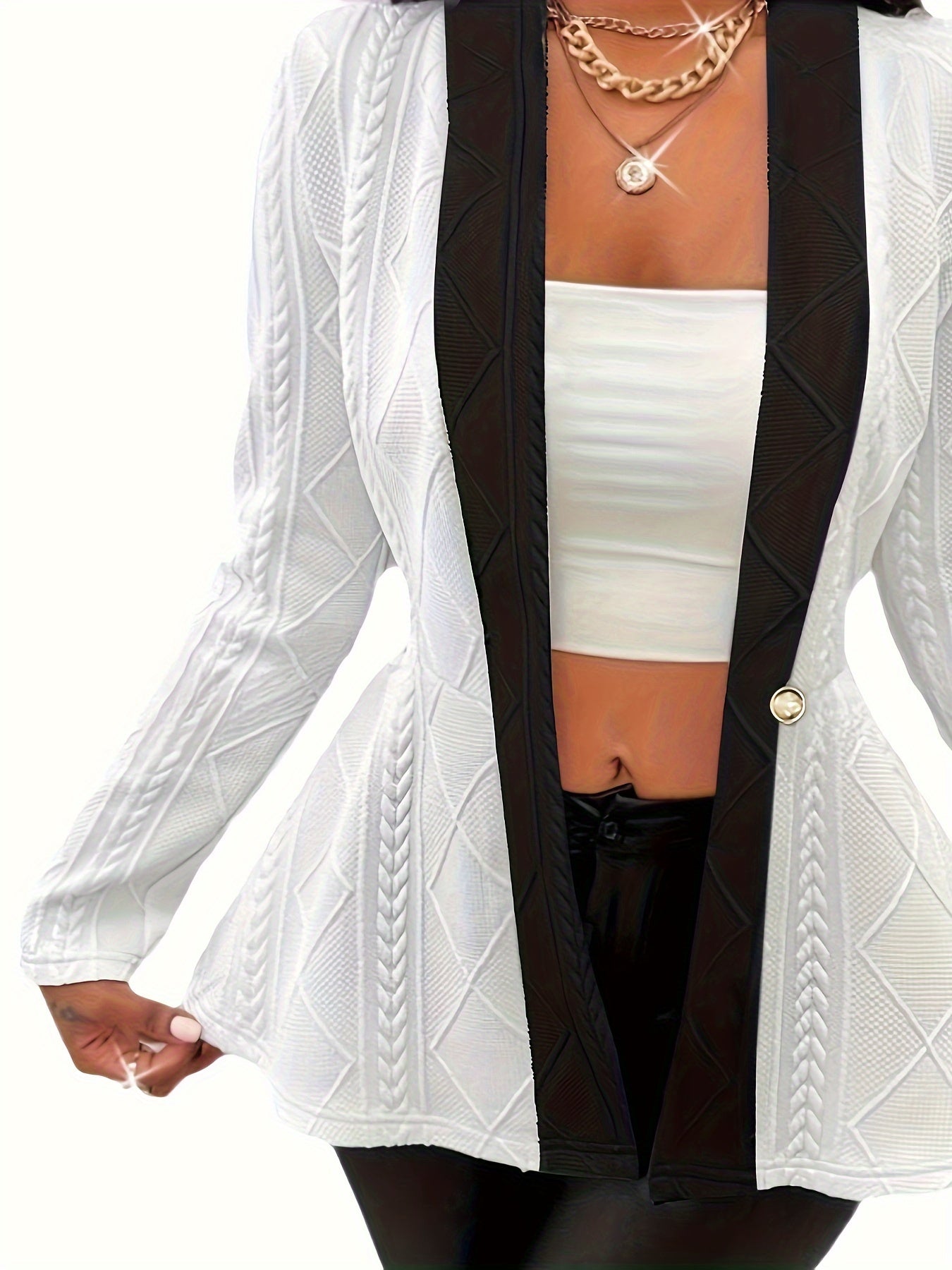 [Plus Size Textured Blazer] Plus Size Color Block Textured Single-breasted Blazer, Elegant Cinched Waist Long Sleeve Blazer For Office & Work, Women's Plus Size Clothing