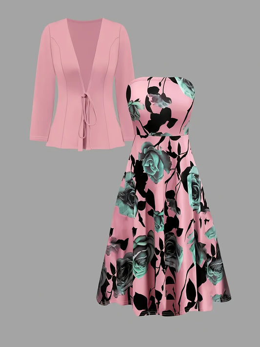 Stylish Women's Elegant Suit, Solid Color Lace-Up Small Cardigan + Rose Flower Dress 2pcs Set