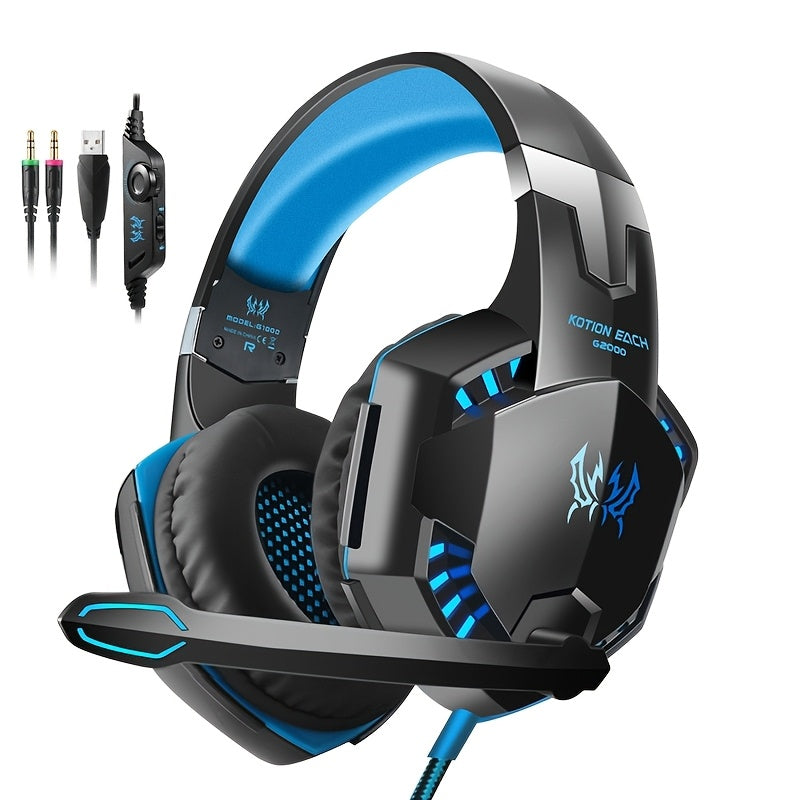G2000 Gaming Headset, with Mic LED Light Over Ear Wired Headphones for PC Game, Video Games Ps 5, 3.5mm Audio Cable, Condenser Mic - USB