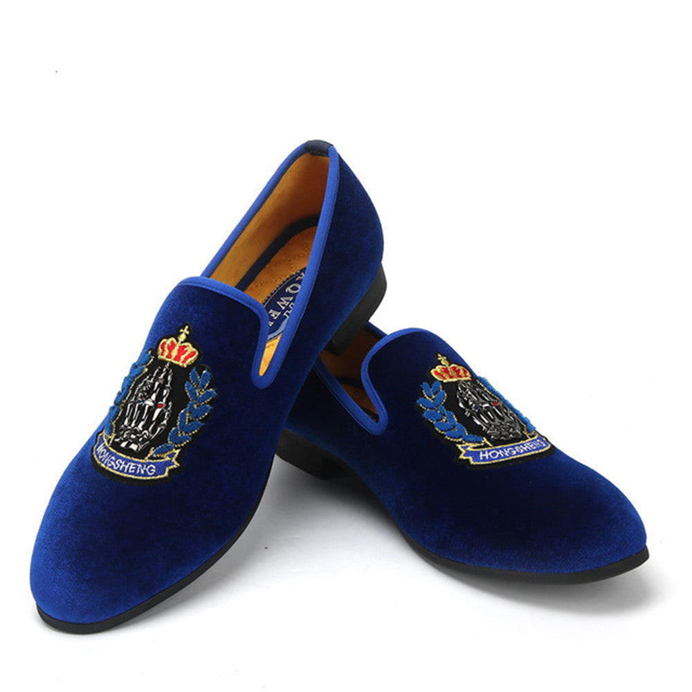 Men's Blue Velvet Shoes Embroidered Crown Couture