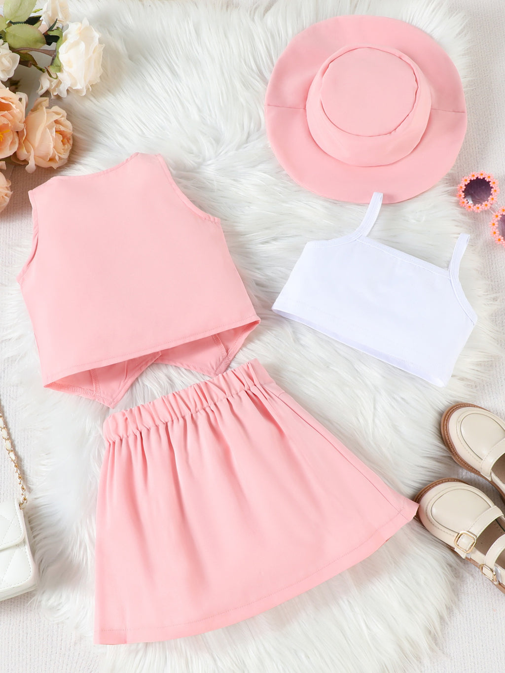 Girl Summer Set V-Neck Sleeveless Button-up Vest Cami Pleated Skirt Hat 4pcs Outfits, for Outdoor