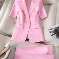 Women'S Pink Short Sleeve Blazer with Metal Buttons, Fake Pockets, and Notched Collar - Stylish Polyester Suit Jacket with Pocket Detail, Perfect for Summer, Summer Workwear | Stylish Blazer | Polyester Blazer
