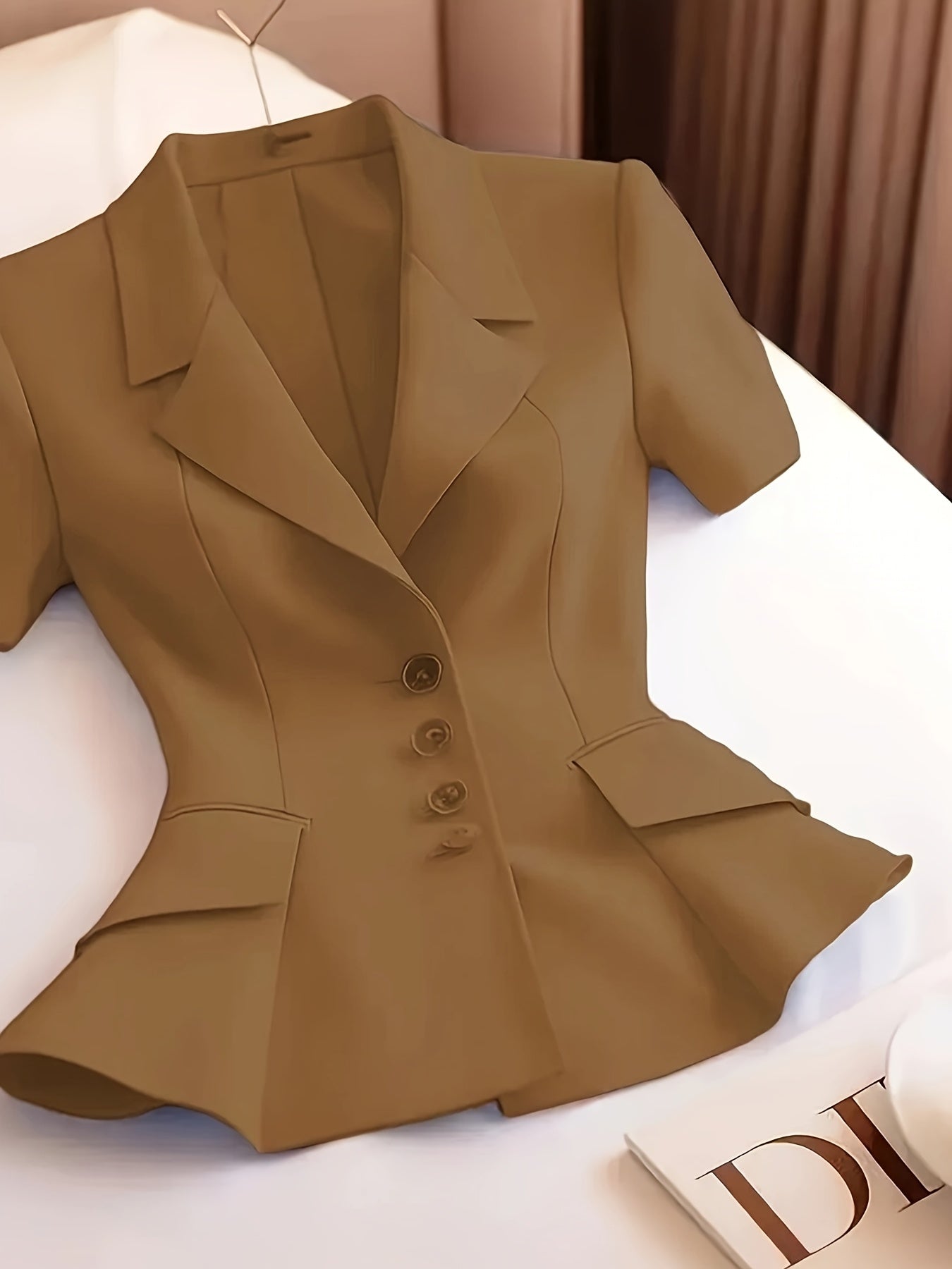 Elegant Women's Slimming Pink Blazer - Chic Short Sleeve, Button Front Jacket with Ruffled Hem, Polyester, Non-Sheer - Perfect for Office & Casual Wear