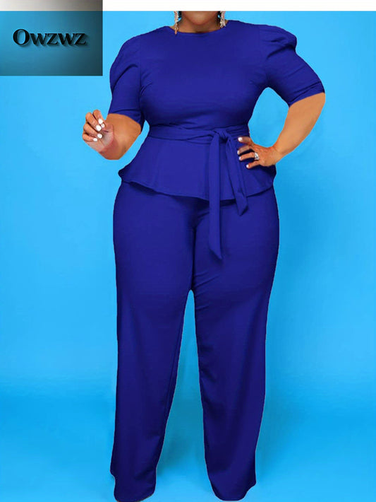 Plus Size 2pcs Outfits for Women Blazer Top Long Sleeve Long Pants Sets Formal Evening Ruffles Slim Fit Blazer Top And Long Pants Set Casual Elegant Business Suit with Belt
