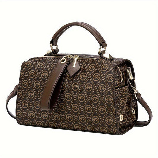 Luxury Letter Print Handbag For Women, Fashion Boston Crossbody Bag, Classic Cylinder Shoulder Bag Purse