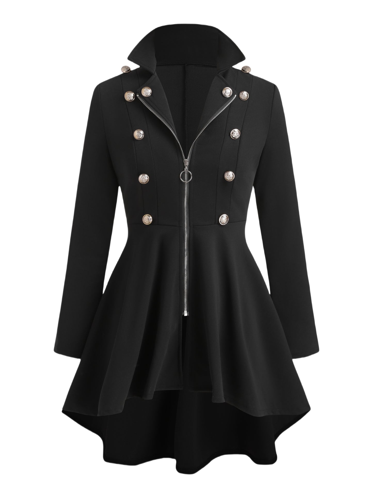 [Vintage-Inspired Chic Blazer] Chic Black Double-Breasted Blazer - Elegant Women's Vintage-Inspired Jacket - Polyester, Machine Washable, Zip-Up Front, Flared Sleeves, Decorative Buttons - Ideal for Office & Casual Wear