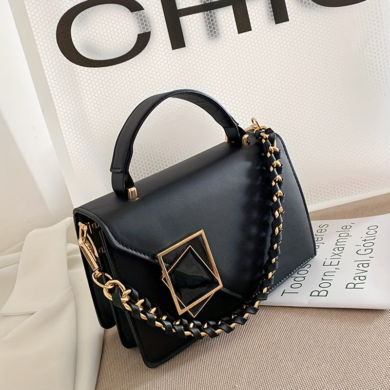 Fashion Square Handbag For Women, Faux Pearl Chain Decor Crossbody Bag, Metal Decor Flap Purse With Top Handle