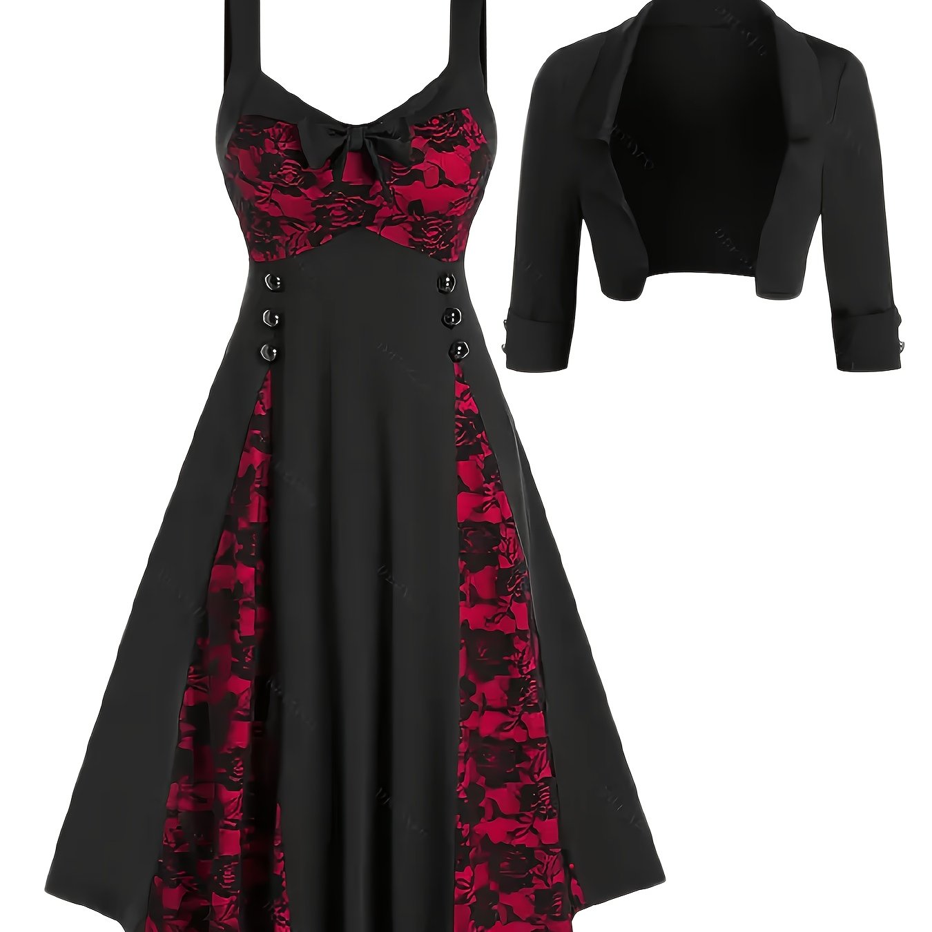[Rose Lace Dress] Two-Piece Women's Elegant Evening Dress | Casual Rose Lace Flower V-Neck Sleeveless Floral Lace Vintage Dress and Short Jacket