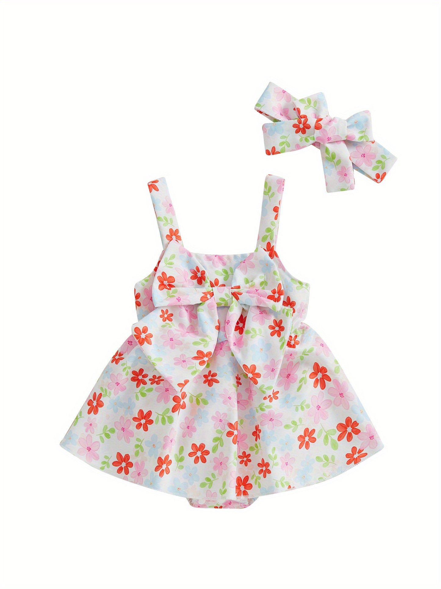 Baby Girl Summer Outfits Sleeveless Square Neck Bow Front Romper with Headband Set Newborn Clothes