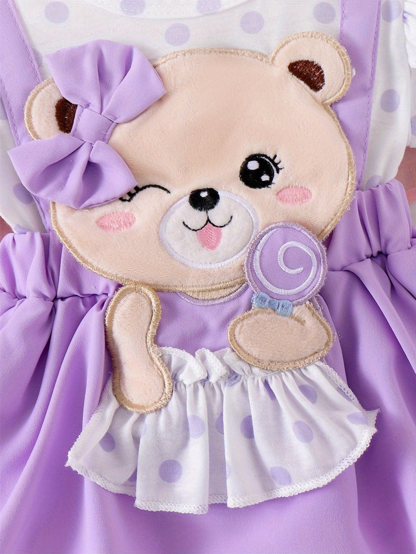 0- Cute Little Girl Summer Set Bear Embroidered Hoodie with Bow Headband and Short Sleeve jumpsuit, for Outdoor