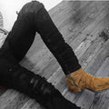 Shredded jeans, slim feet, jeans, motorcycle, men's trousers