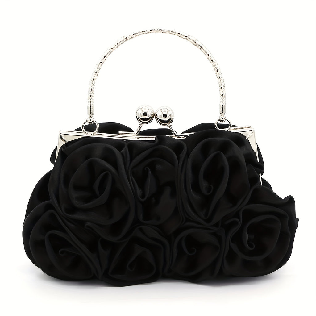 Elegant Floral Fabric Clutch with Kiss Lock Closure, Polyester Lined Evening Handbag for Women - Perfect for Weddings, Parties & Formal Events, Wedding Purse | Floral Embellished Purse | Soft Pink Roses Design