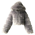 iQKA Women Short Faux Coat Cropped Fluffy Jacket Hooded Winter Warm Fuzzy Splicing Jackets Long Sleeve (X1-Grey S)