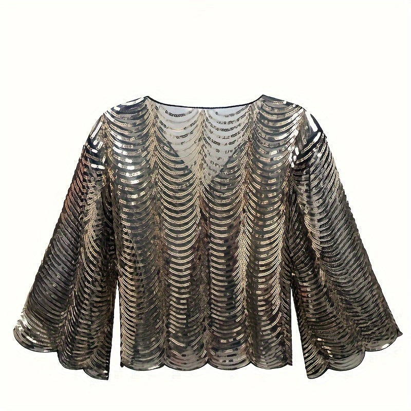 [Sequined Qipao Cardigan] Sequined Long-sleeved Jacket - Women's Qipao Cardigan with Hollowed-out Embroidery Lace Shawl Sunscreen Cover-up