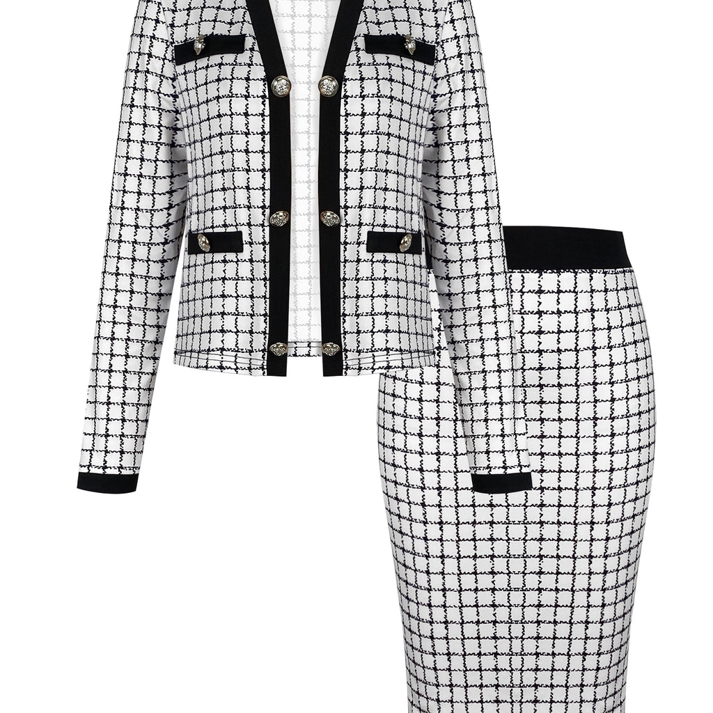 Long Sleeve Button Front High Waist Plaid Pattern Elegant Skirt Set Outfits, Women's Clothing