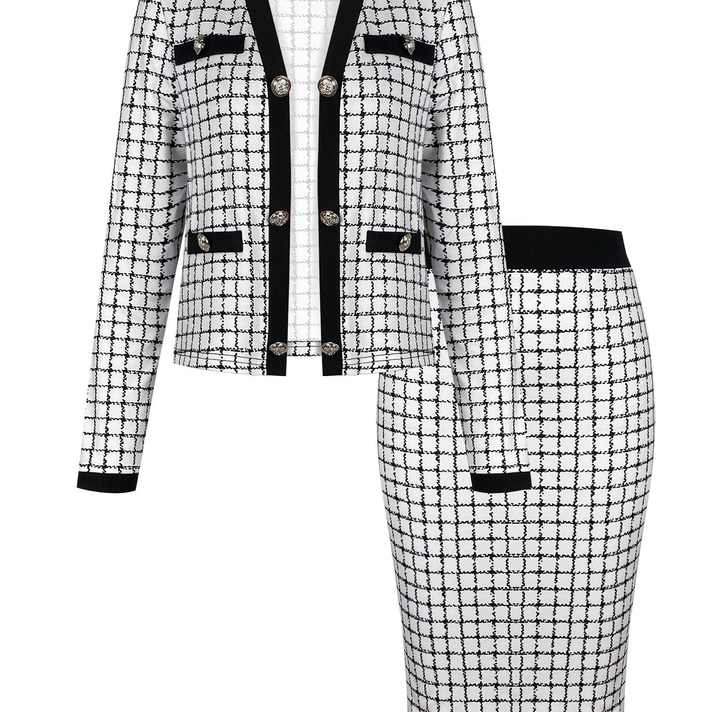 Long Sleeve Button Front High Waist Plaid Pattern Elegant Skirt Set Outfits, Women's Clothing