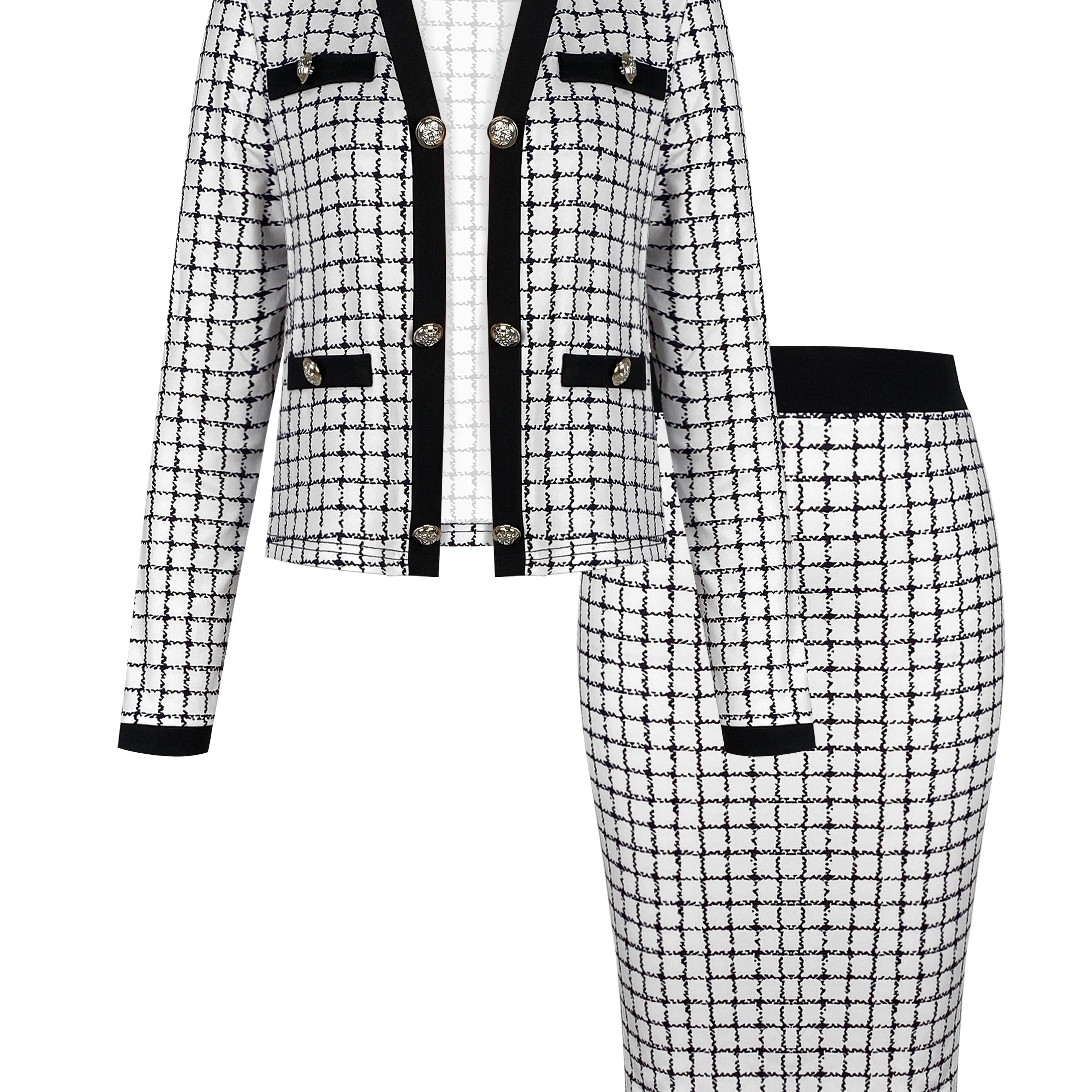 Long Sleeve Button Front High Waist Plaid Pattern Elegant Skirt Set Outfits, Women's Clothing