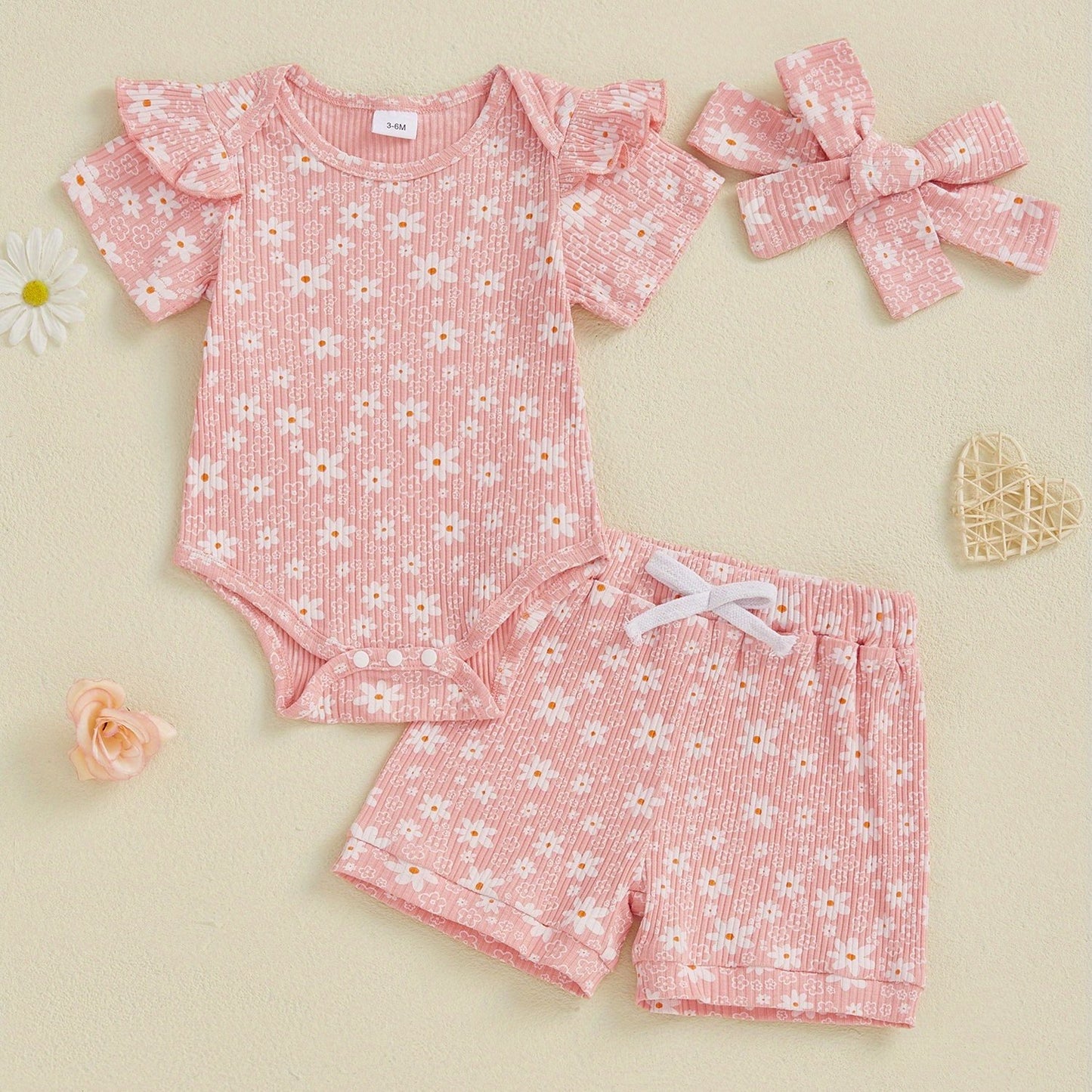 Baby Girl Summer Outfits Floral Print Crew Neck Short Sleeve Romper Shorts Headband 3pcs Clothes Set
