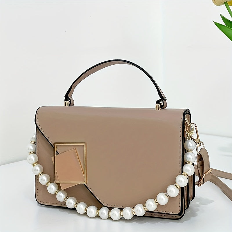 Fashion Square Handbag For Women, Faux Pearl Chain Decor Crossbody Bag, Metal Decor Flap Purse With Top Handle