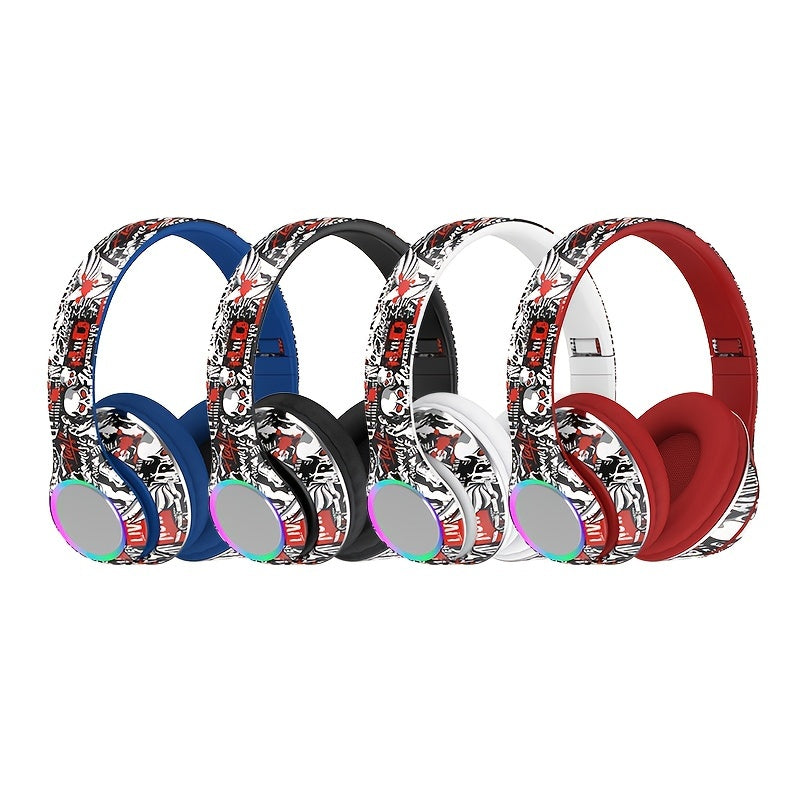 [Graffiti Design Condenser Microphone Headphones] Wireless On-Ear Headphones with Sound Isolation, Graffiti Design, Push Button Volume Control, Tangle-Free Cable, Condenser Microphone, 200mAh Rechargeable Battery, Type-C Char