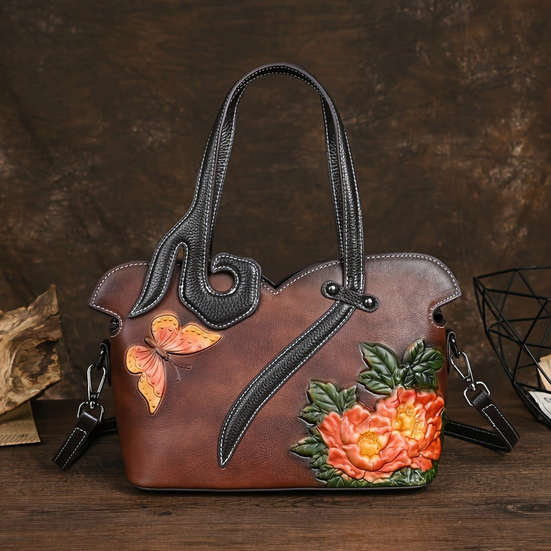 Genuine Genuine Leather Women's Crossbody Bag with Floral Embossed Design - Ethnic Style Coffee & Yellow Handbags, Zipper Closure & Polyester Lining for Casual or Formal Use