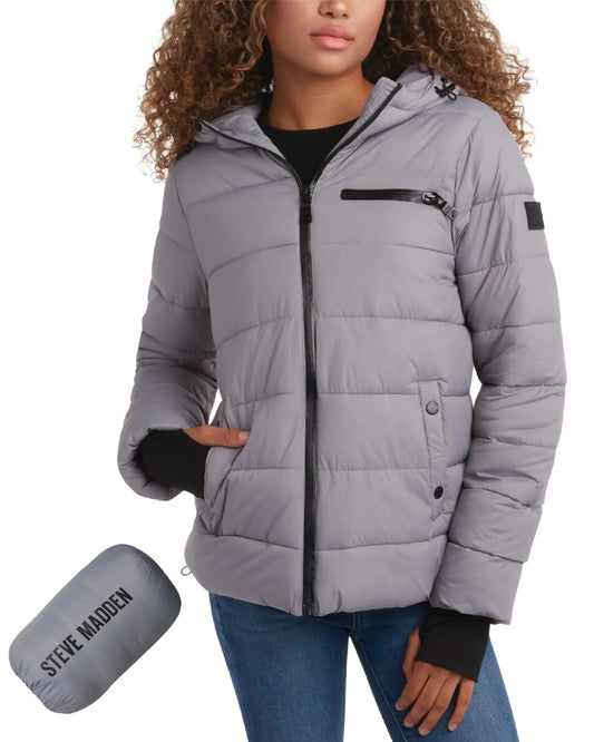 Steven Madden Women Winter Jacket - Packable Quilted Puffer Parka Coat - Hooded Outerwear Windbreaker Jacket for Women S-XL Size Small Cool Grey
