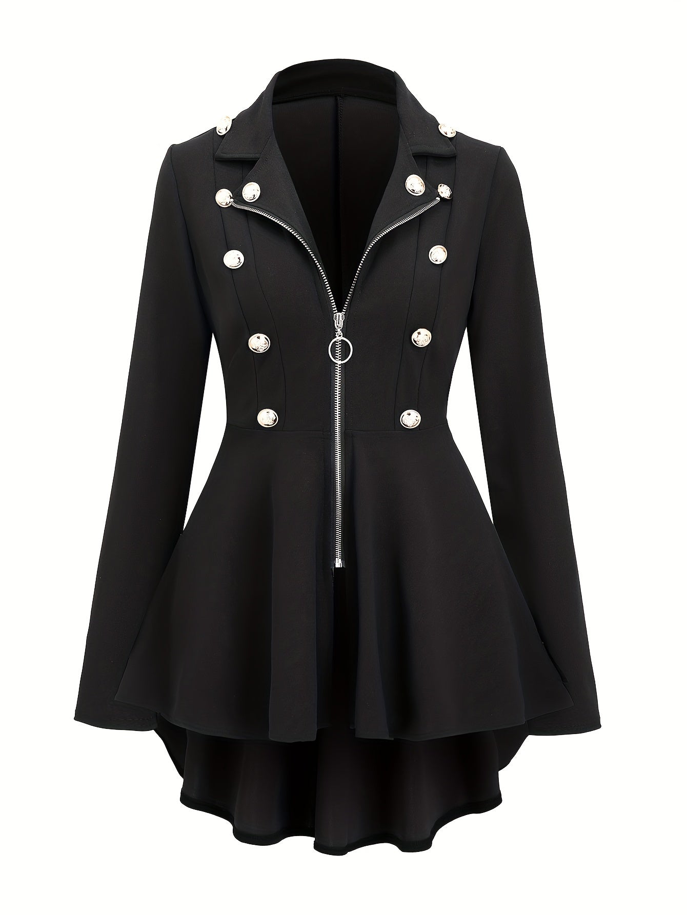[Vintage-Inspired Chic Blazer] Chic Black Double-Breasted Blazer - Elegant Women's Vintage-Inspired Jacket - Polyester, Machine Washable, Zip-Up Front, Flared Sleeves, Decorative Buttons - Ideal for Office & Casual Wear