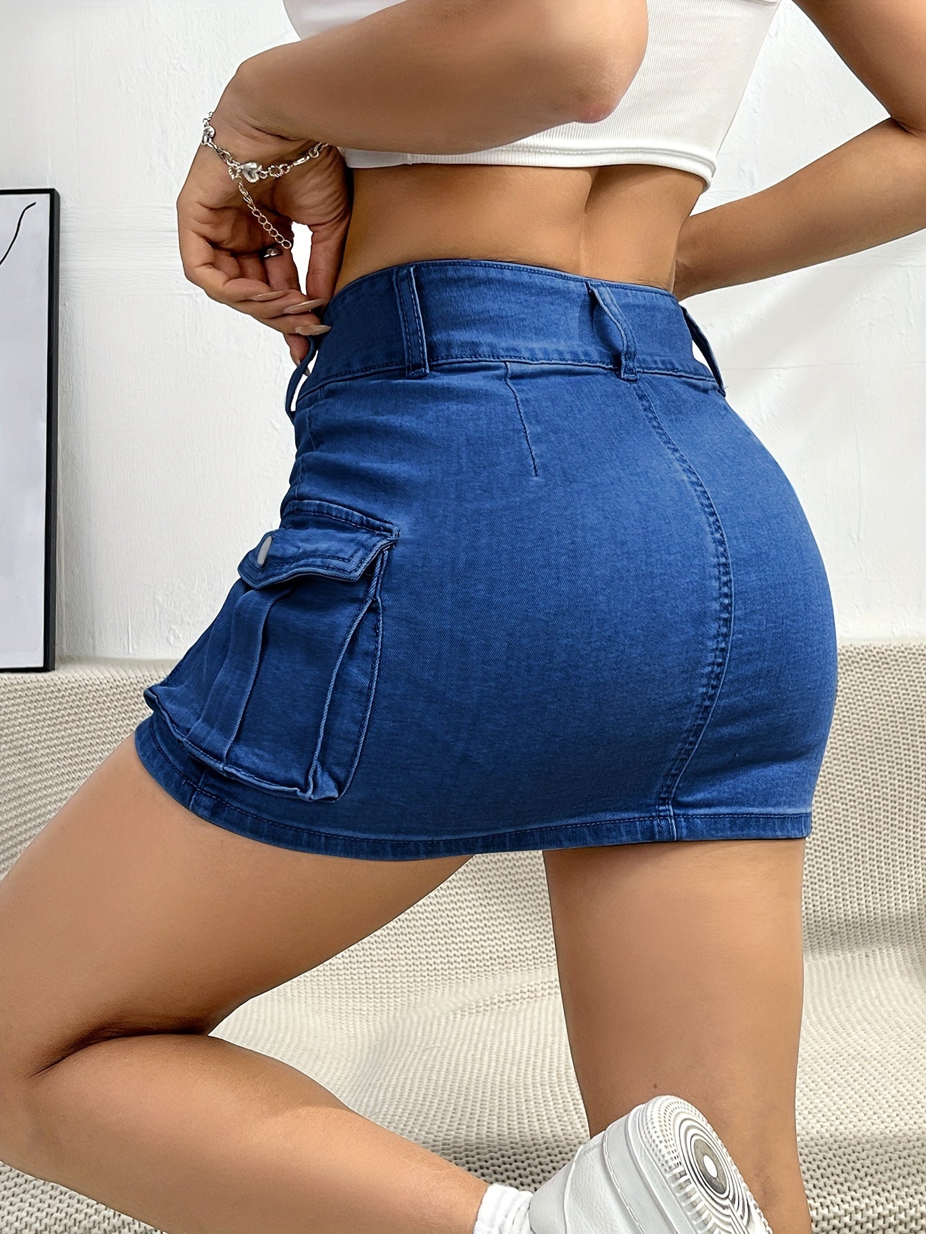 Multi-pocket Denim Cargo Skirts, Single Button Sexy Mid-stretch Denim Skirts, Women's Denim Clothing